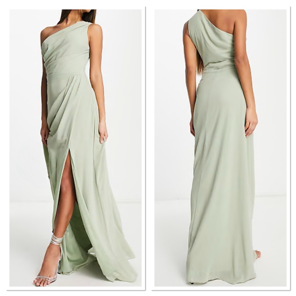 TFNC Green Asymmetrical Ruched Gown